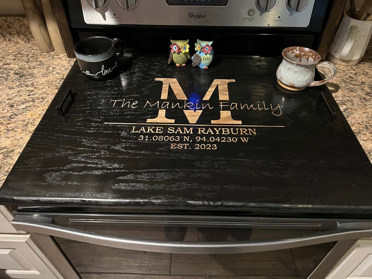 Personalized Stove Top Cover with Family Name and Coordinates Sawyer