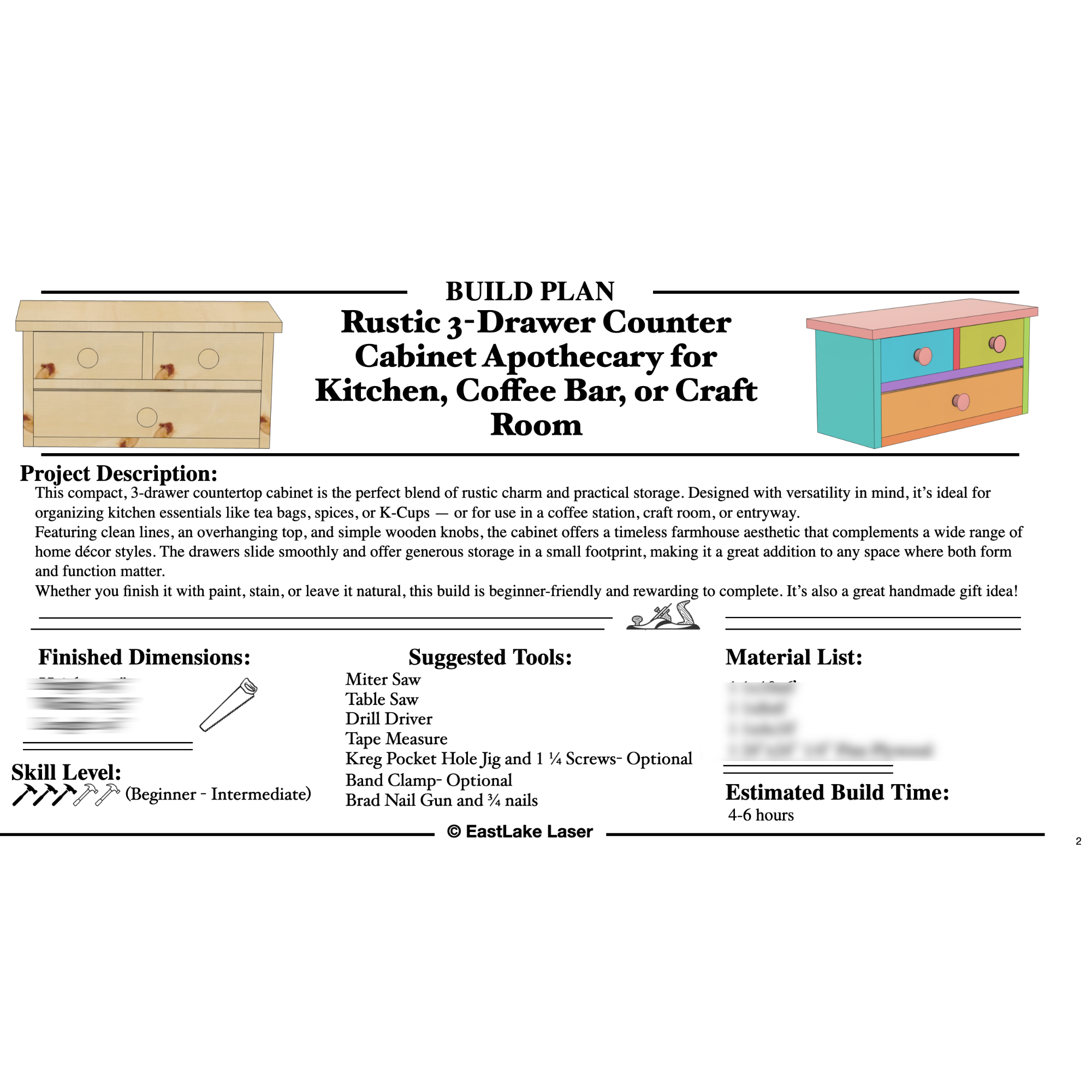 Apothecary Rustic 3-Drawer Countertop Cabinet Build Plans (Digital PDF)
