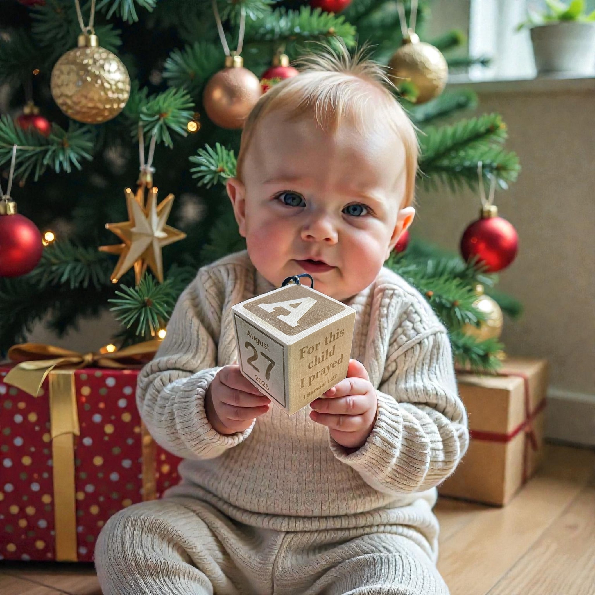 Baby holding engraved hardwood baby block ornament in front of Christmas tree