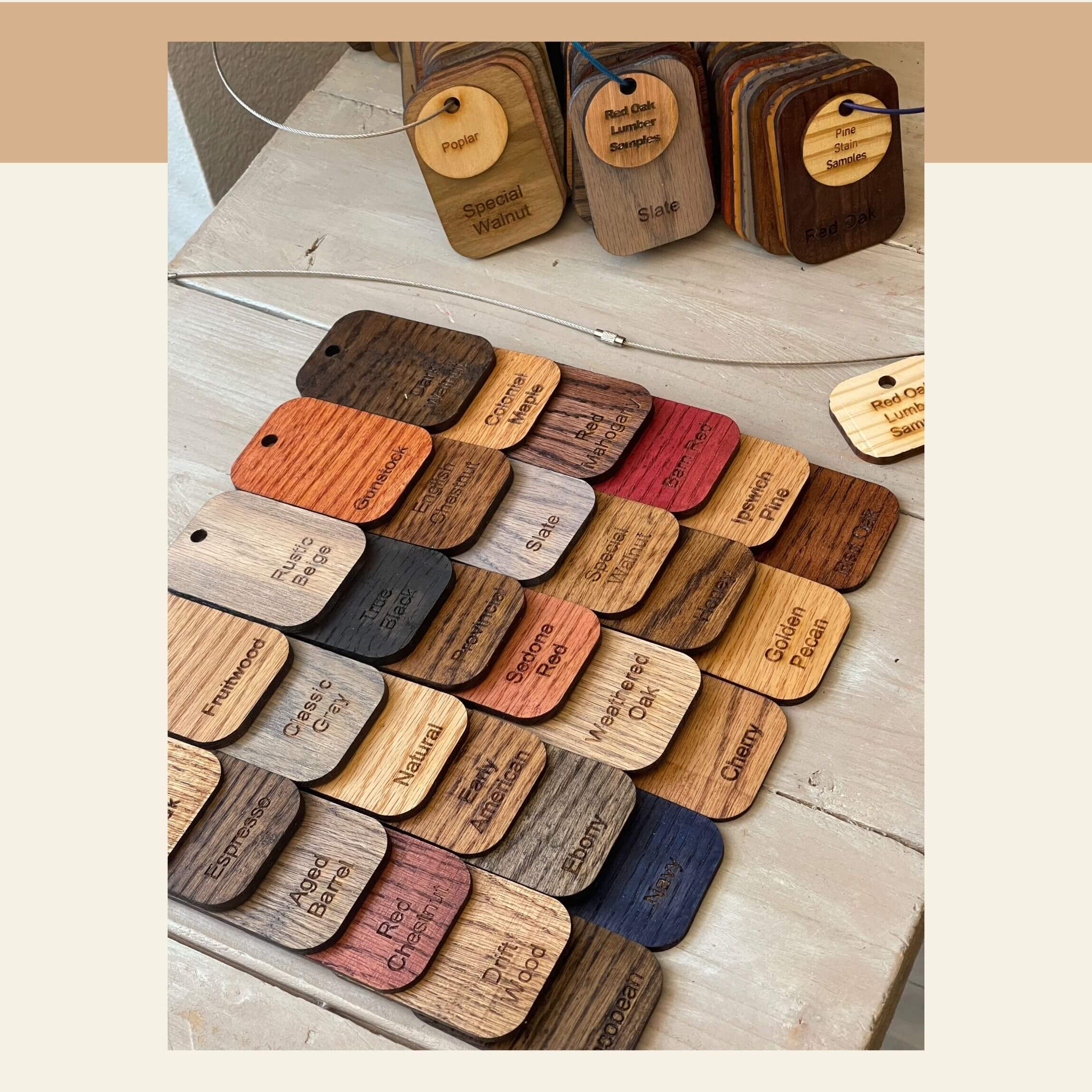 Photo showing some of the available color samples that come in the wood stain sample set decks. 