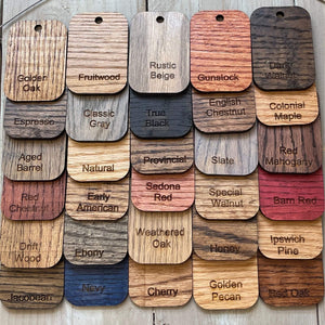Photo showing the thirty alder wood stain samples that we offer. These are all stained in minwax brand stains. 