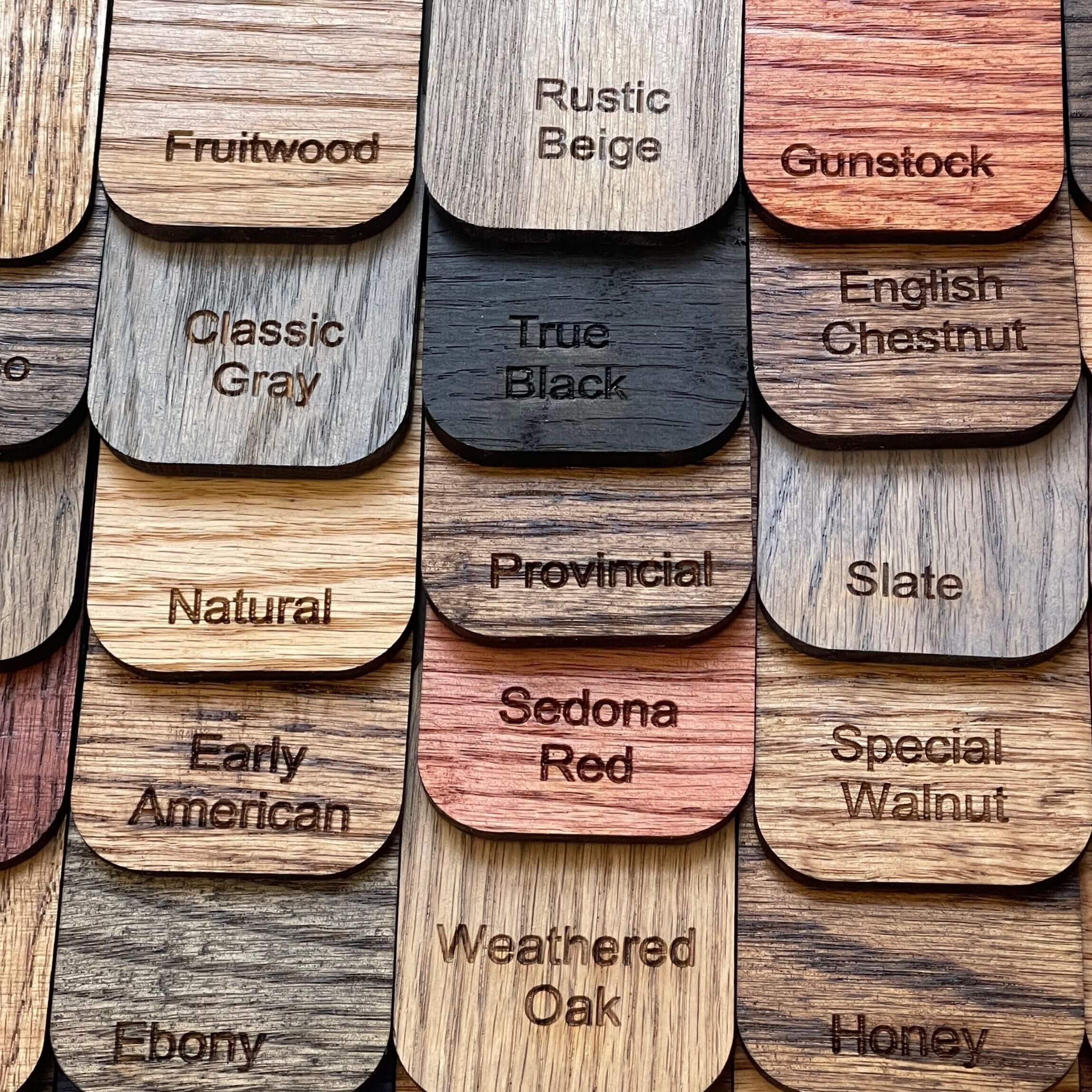 These Duraseal color samples are laser engraved with the color names permanently on them. 