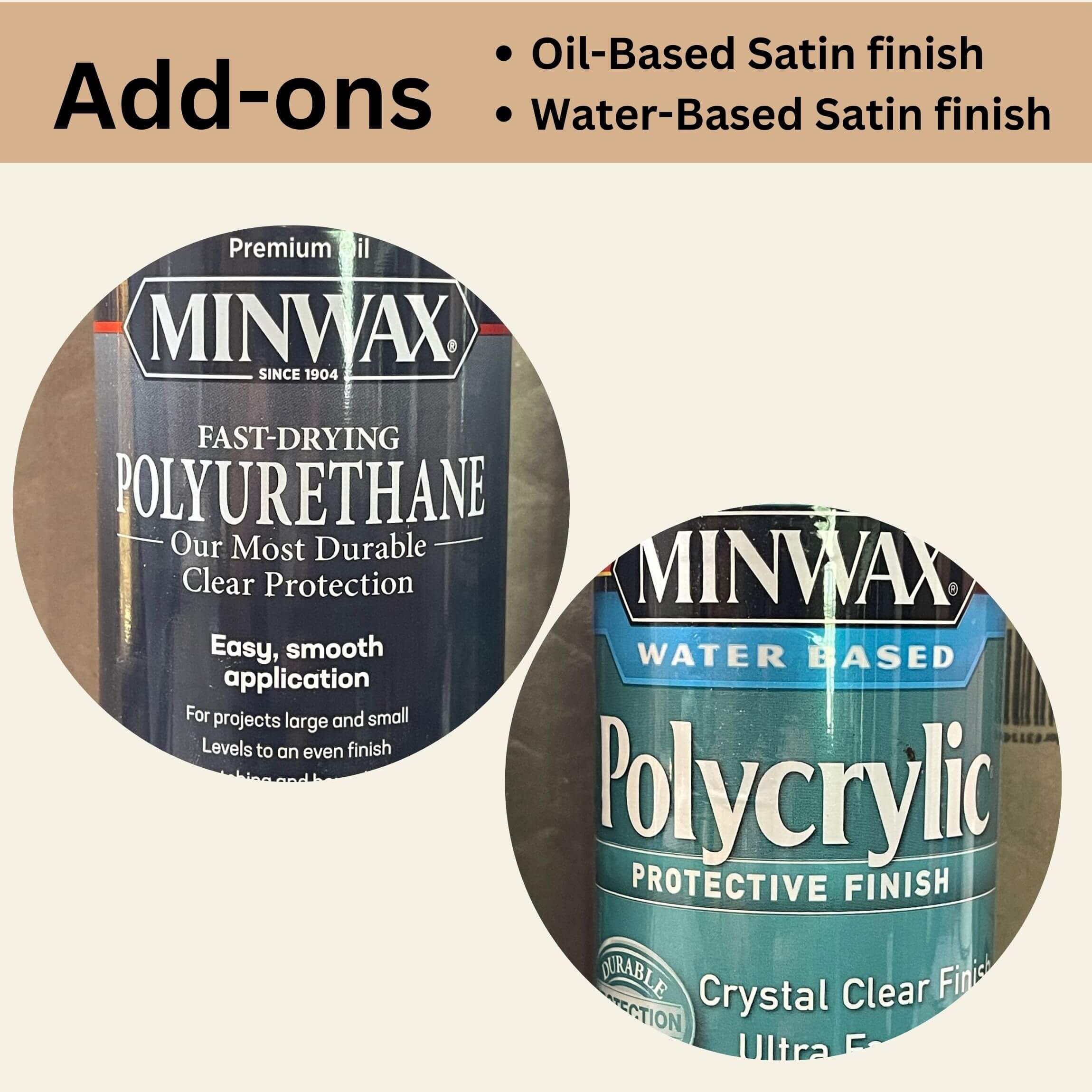 Choose from either a minwax polyurethane finish or a minwax polycrylic finish in addition to the standard no finish option. 
