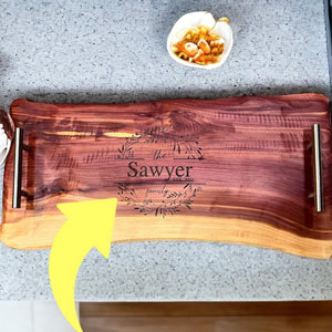 Crafted with care, our custom wood cutting board is the perfect canvas for your family name and special date.