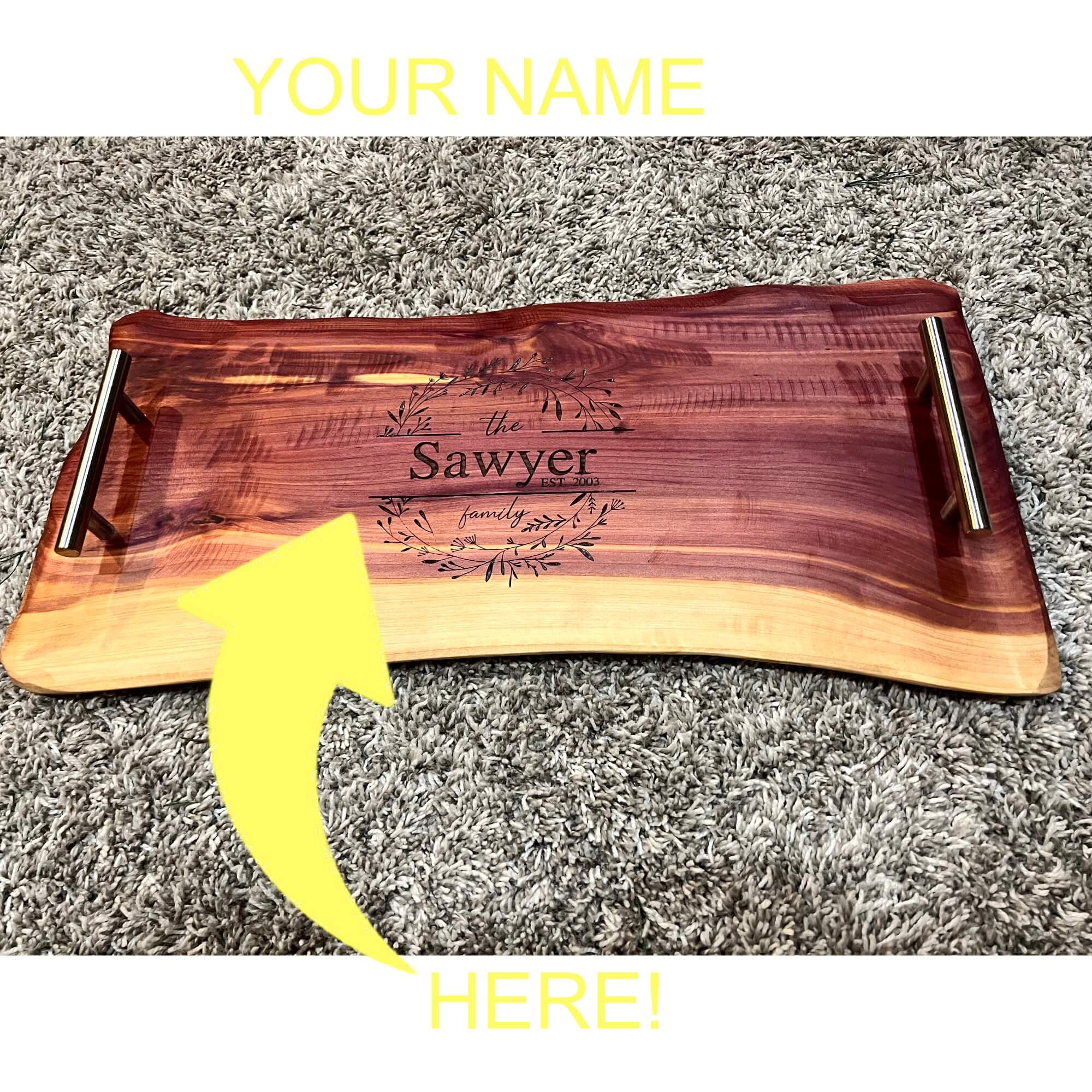 Toast to togetherness with a custom wood cutting board, engraved with your family's name and cherished date.