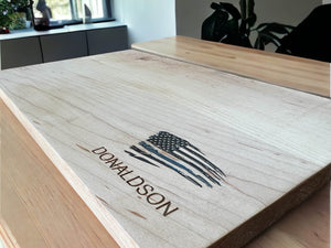 Unique thin blue line flag design on hardwood cutting board
