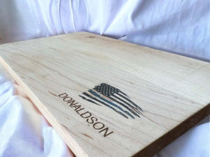 Distressed flag design with epoxy fill on premium hard maple cutting board