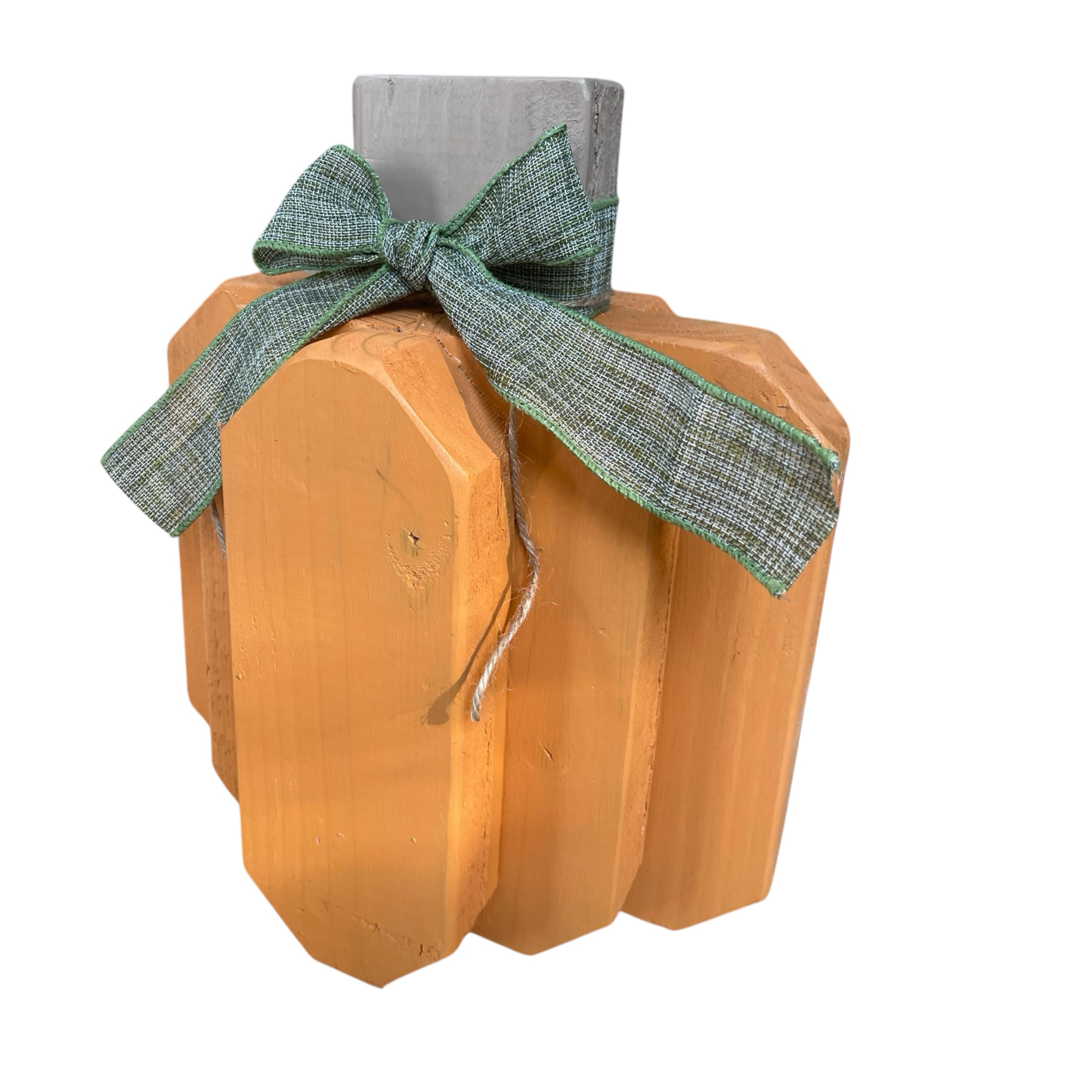 Handcrafted rustic farmhouse-style wooden pumpkin painted orange, perfect fall decor for porch or tabletop
