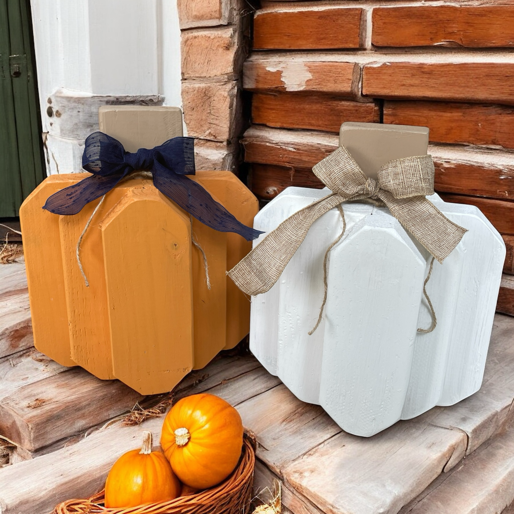 Pair of handcrafted wooden pumpkins, one orange and one white, styled for cozy fall farmhouse decor