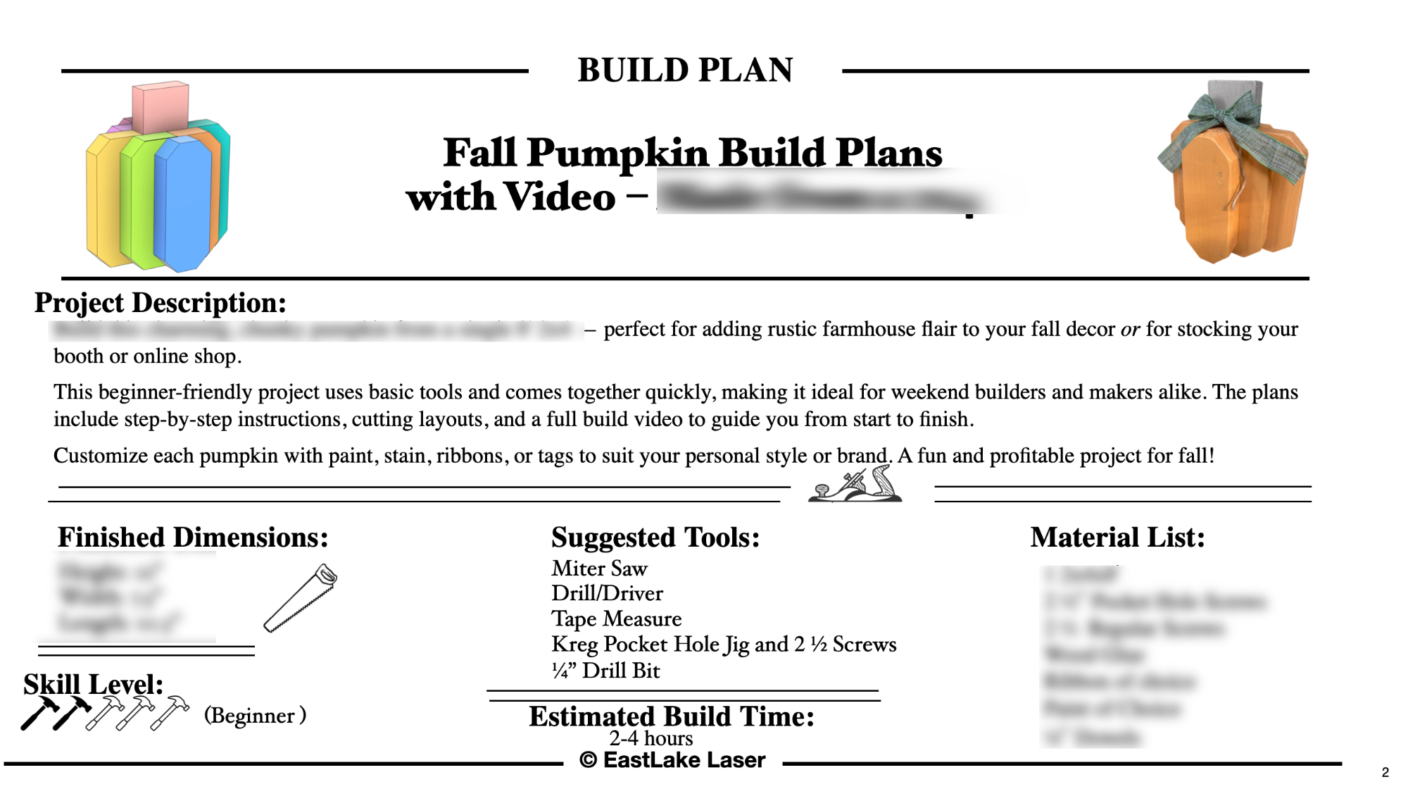 Screenshot of rustic farmhouse pumpkin woodworking plans PDF with step-by-step instructions blurred for preview