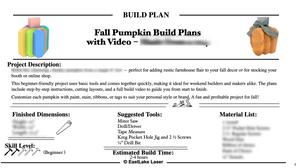 Screenshot of rustic farmhouse pumpkin woodworking plans PDF with step-by-step instructions blurred for preview