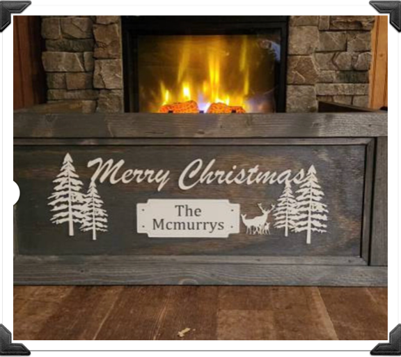 Farmhouse Christmas tree collar with “Merry Christmas” lettering displayed in front of a fireplace.