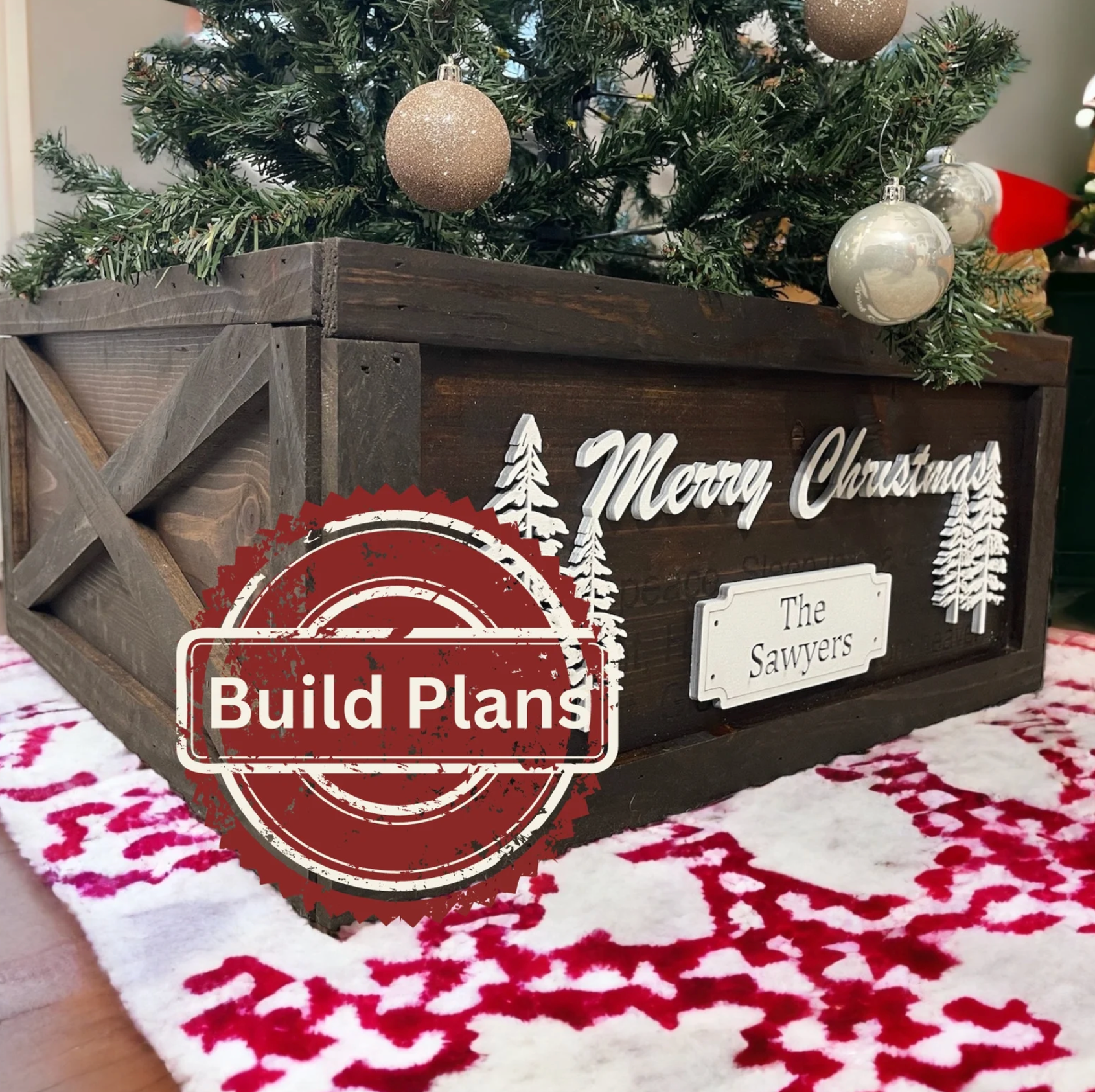 Foldable wooden Christmas tree collar with farmhouse X-trim, stained dark brown and displayed under a decorated tree. “Build Plans” badge overlay.