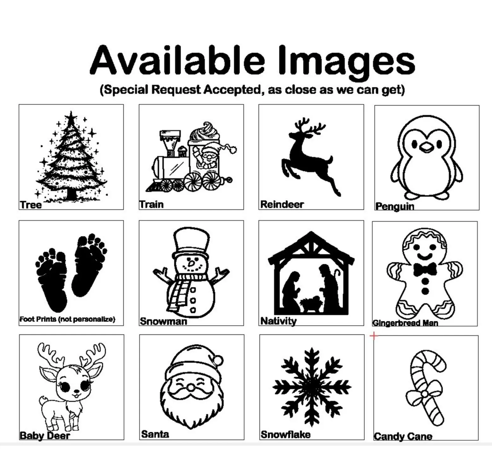 Sheet showing available engraved images for custom baby block ornament