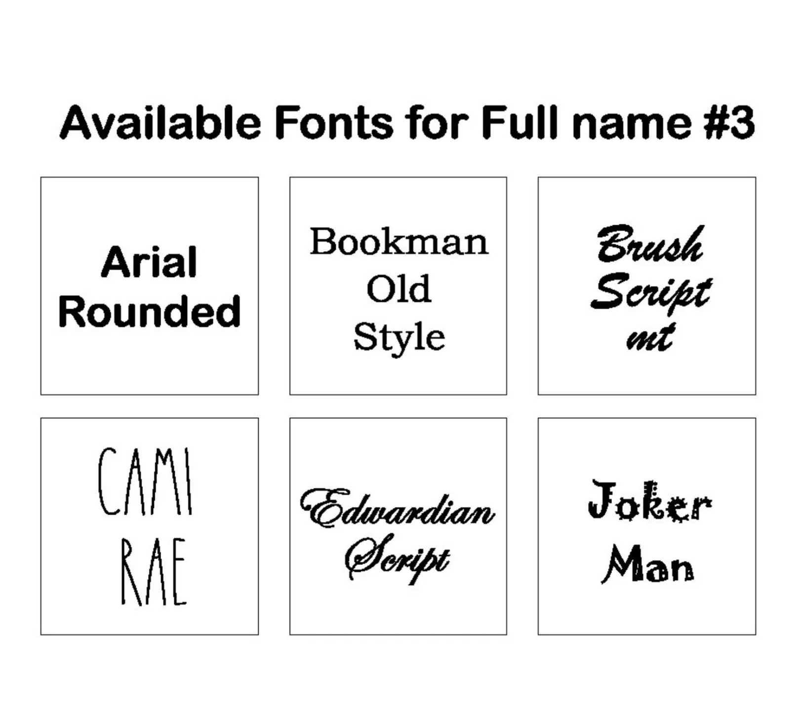 Font selection chart for personalized wooden baby block ornament