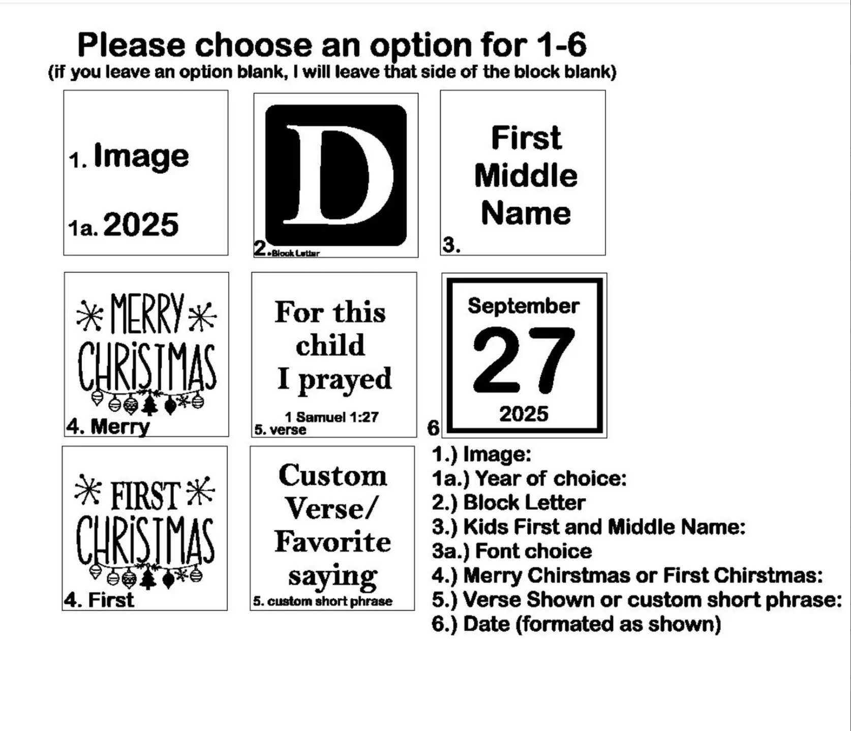 Order options sheet showing sides, images, fonts, and customization choices