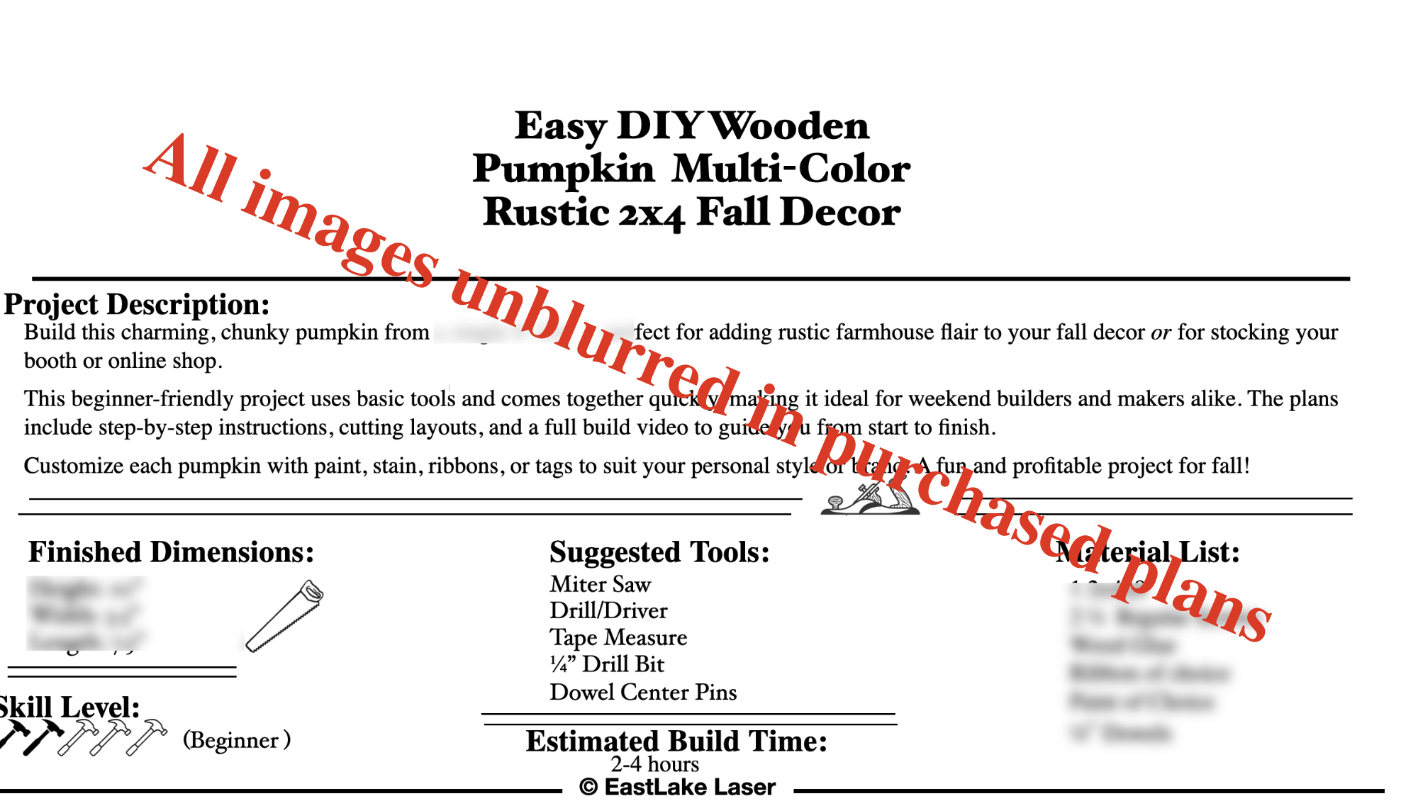 Sample page from rustic fall pumpkin woodworking PDF plan with color guide and assembly tips