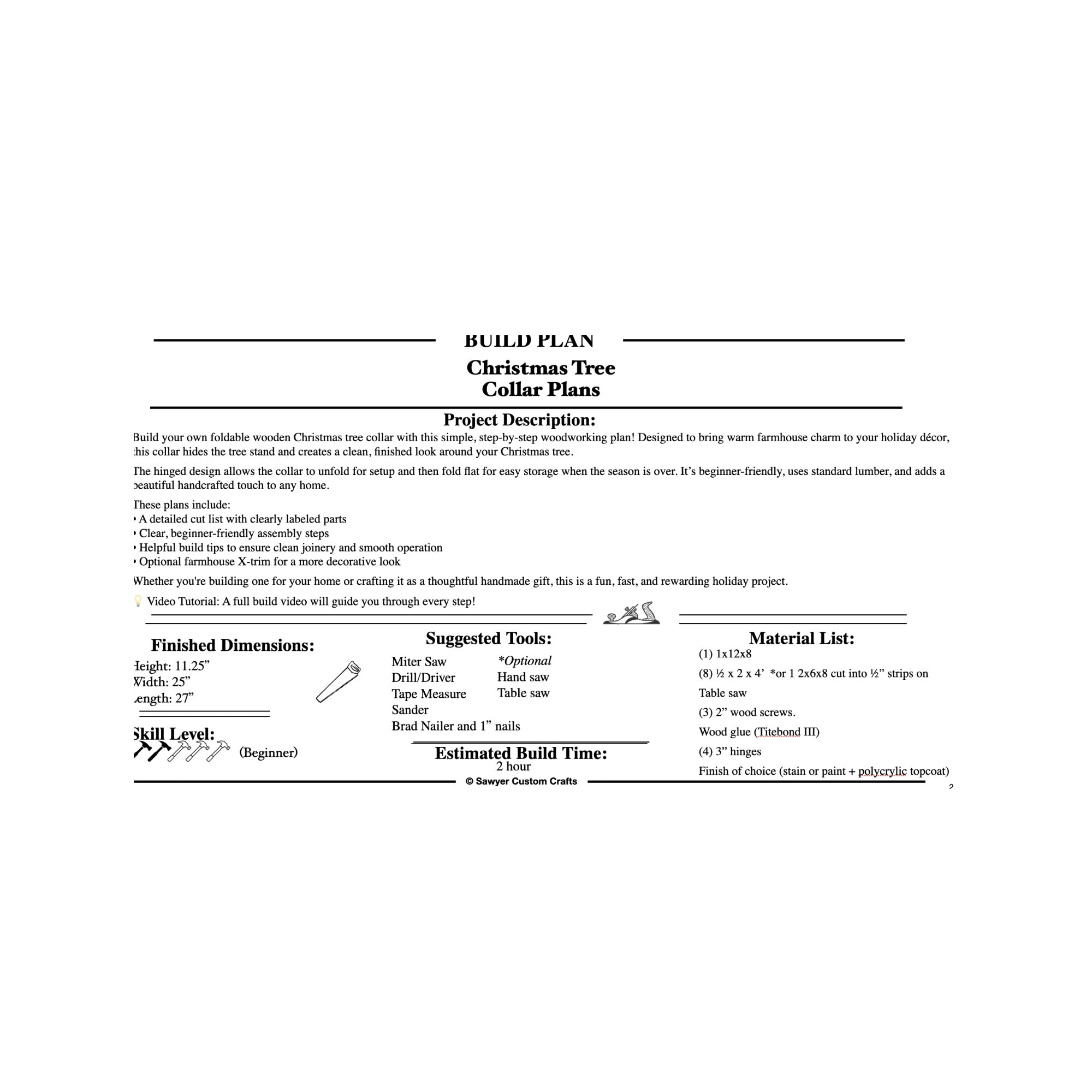 Preview of the materials and cut list page from the Christmas tree collar woodworking plans, blurred example