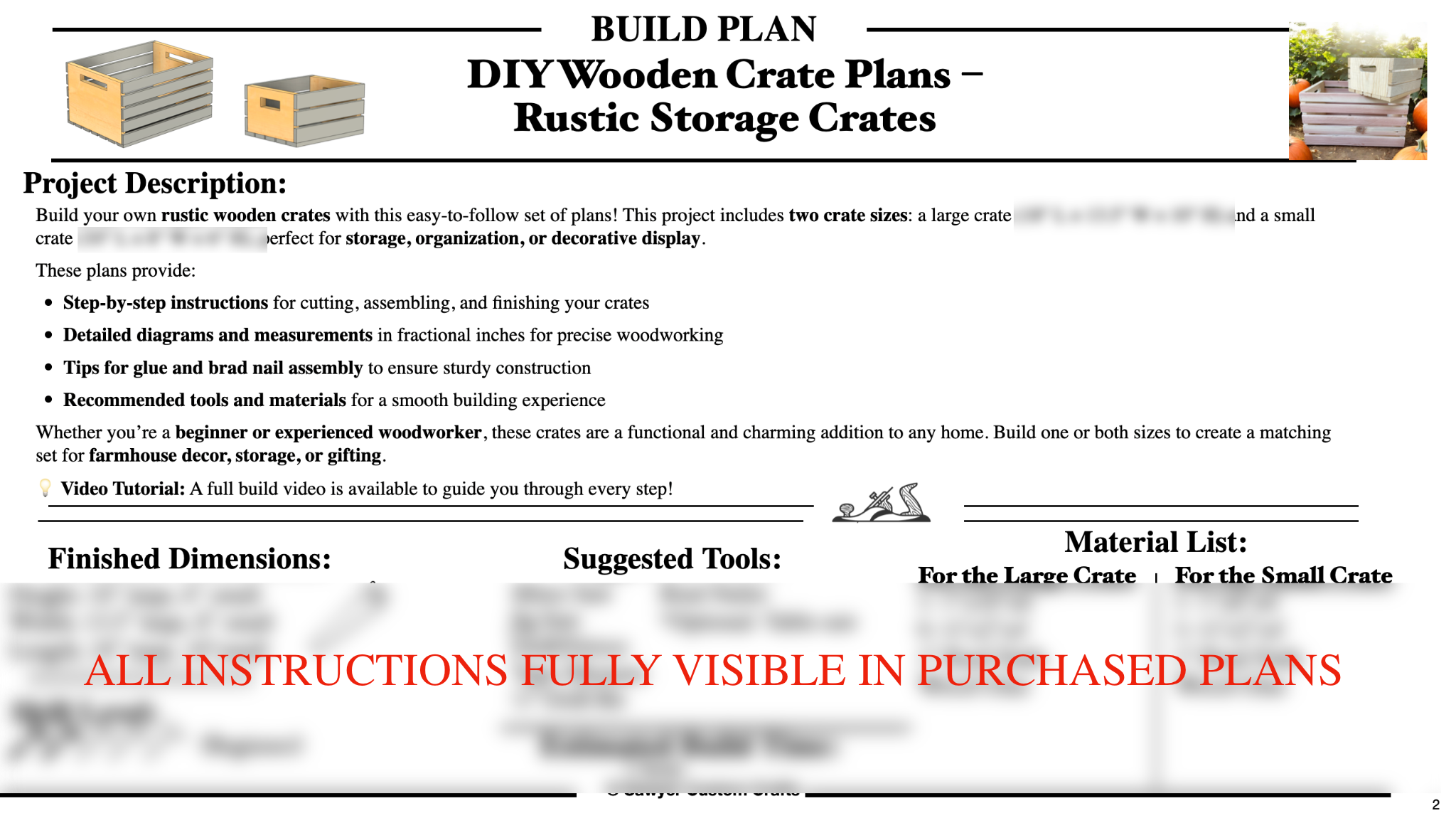 Farmhouse-style wooden crate plans with full instructions in purchased PDF
