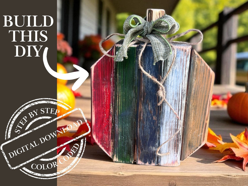 “Multi-colored wooden pumpkin build plan PDF screenshot with blurred areas for copyright protection