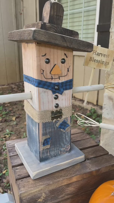 Handmade wooden scarecrow fall decor created from DIY woodworking plans

