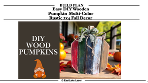 DIY wooden pumpkin plan page showing cutting diagrams and step-by-step instructions