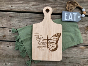 Bible Cutting Board with Scripture Verse of .2 Corinthians. 5:17 Therefore, if anyone is in Christ, he is a new creation.2 The old has passed away; behold, the new has come.2Cor. 5:17 Therefore, if anyone is iin Christ, he is ja new creation.2 kThe old has passed away; behold, the new has come.