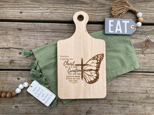 Great Christian Gift Idea. Bible Chopping board with 2 Corinthians 5:17 laser engraved onto it. shown here with decorations SawyerCustomCrafts.com