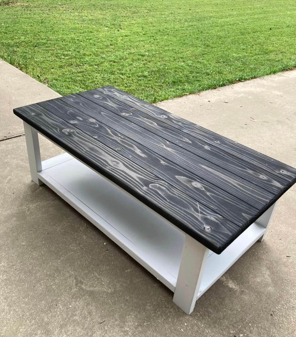 Farmhouse Style Coffee table. True Black stained top with white base. see more at SawyerCustomCrafts.com