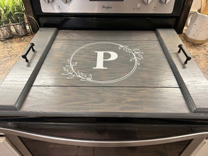 Noodle Board, Stovetop Cover, Floral Monogram in Weathered Gray