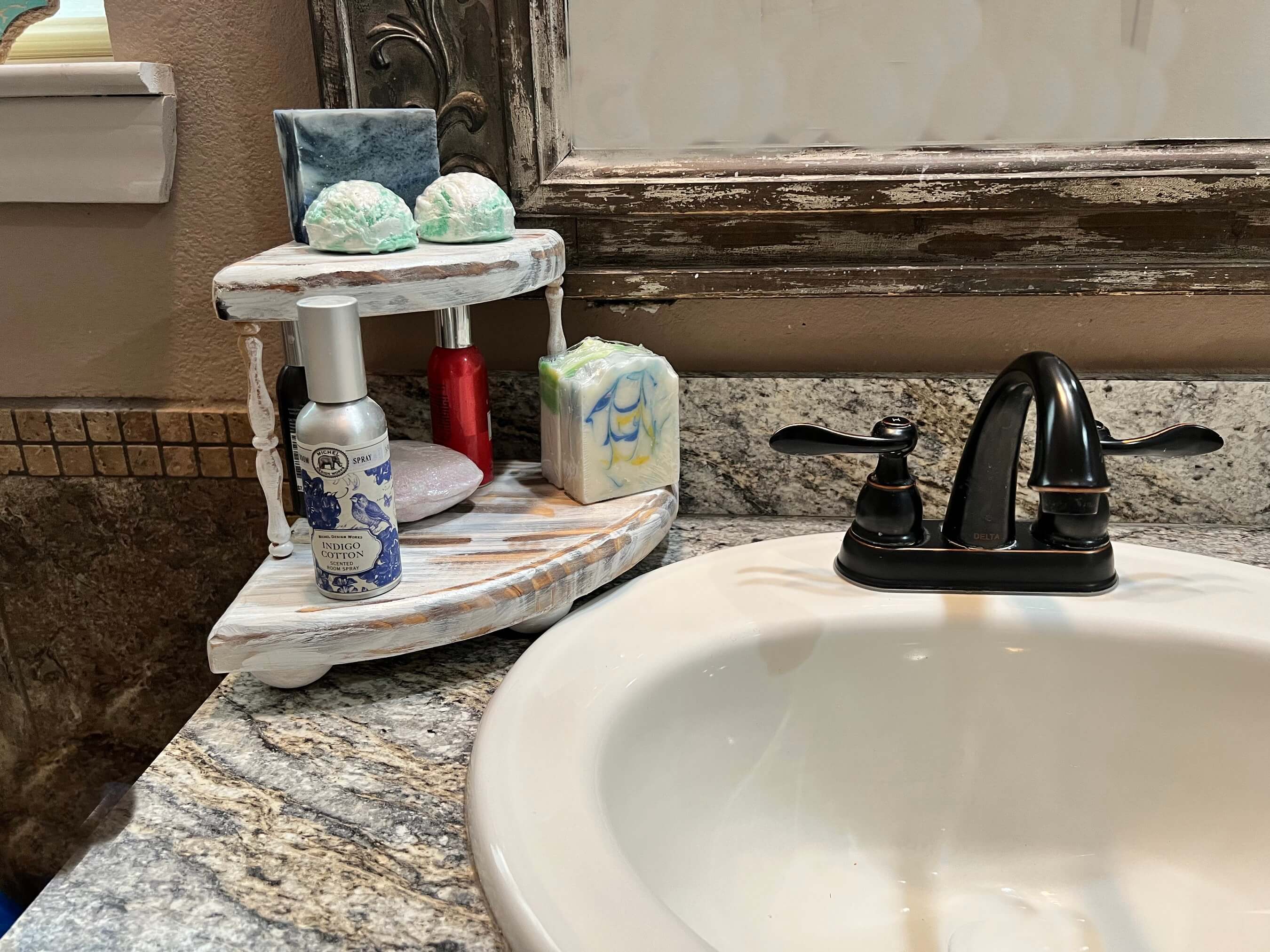 Farmhouse rustic Corner Pedestal Vanity riser shown here on the Left side of sink on bathroom countertop. Makes a great gift for country girl.