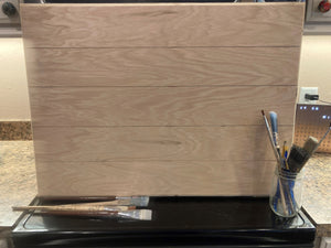 Front view of Farmhouse Stovetop Cover Diy Board. Shown standing up on it's edge. Image found at SawyerCustomCrafts.com
