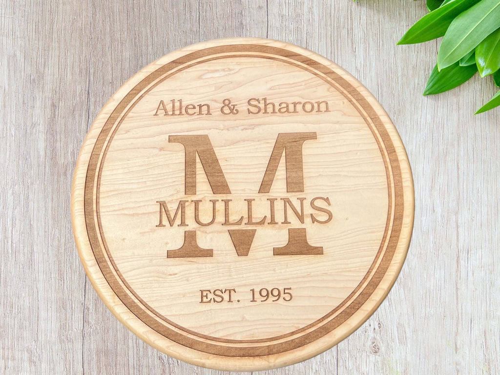 Great gift for Parent's anniversary idea. Handmade Lazy Susan with family name laser engraved into it. SawyerCustomCrafts.com