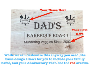 Photo showing the customization options available for our Fathers day cutting board. This  Makes a wonderful Gift for Husband, or Fathers Day Gift,  even a Gifts For Dad,